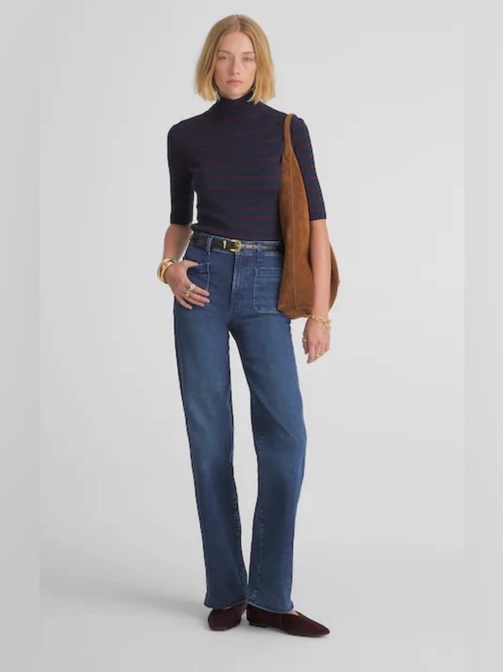 NWT Madewell Merino Wool Ribbed Turtleneck Tee in Deep Navy Stripe, NY532, XL - Picture 5 of 14